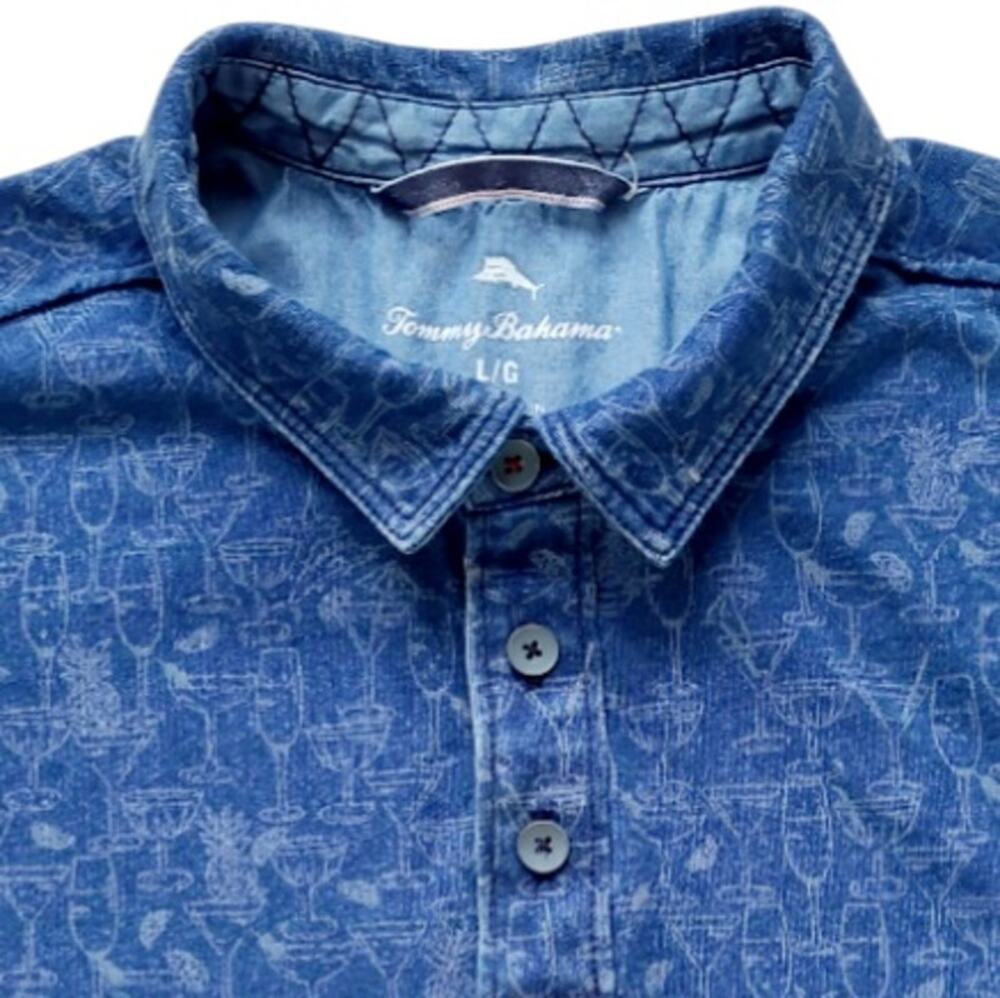 Tommy Bahama Sippin' Soiree Blue Cocktail Print Polo Shirt Men's L Vacation